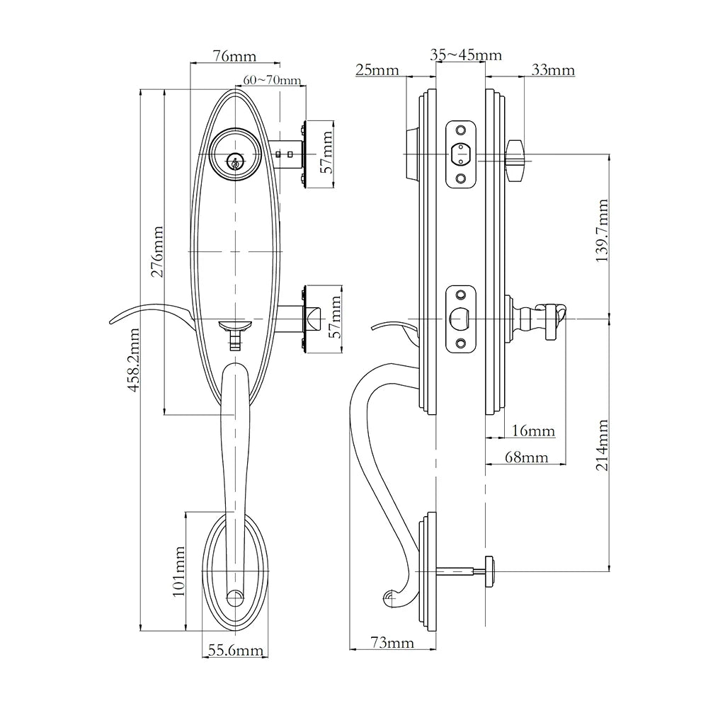 Technical drawing of a N2LOK Loire Entry Set Box Pack door handle with dimensions labeled
