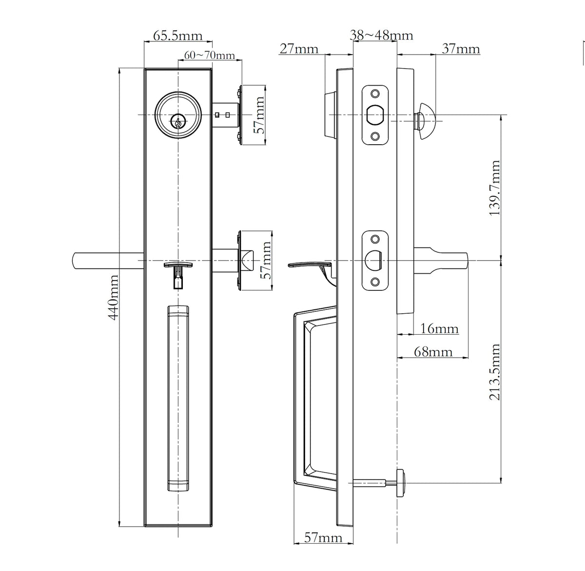 Technical dimension diagram of a door lock and latch assembly, N2LOK Montpellier Entry Set Box Pack, showing front, side, and back views with measurement labels and dimensions in millimeters.