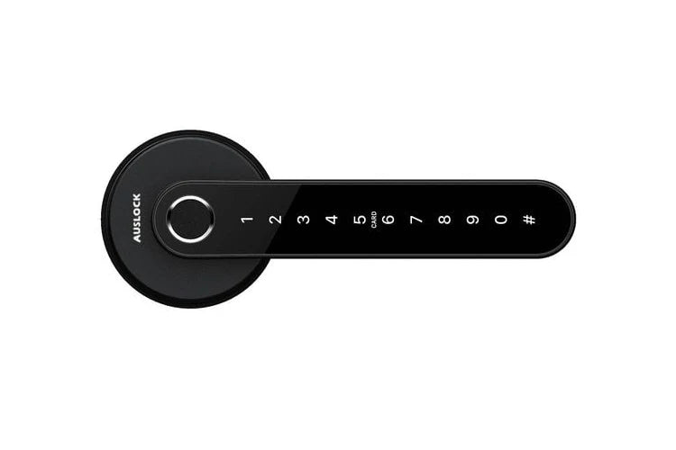 Black digital door lock with number keypad on a white background. NovoSeriesN31BRoundedHandleSmartLock2_a3024786-cd82-476a-a664-1eab9b952e87