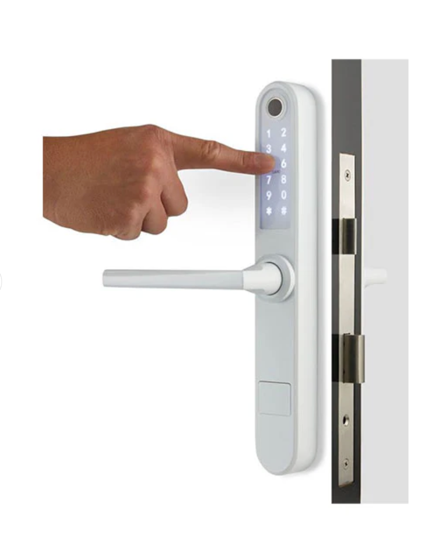 White digital door handle with electronic keypad on a white background. S13BWhite