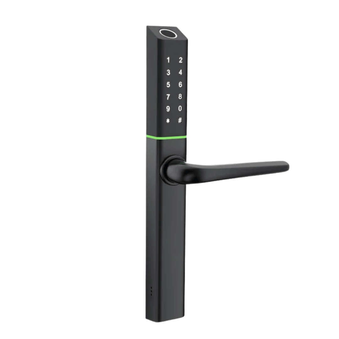 Black digital door lock with a green accent on a transparent background. SlimSeriesS3BBlack