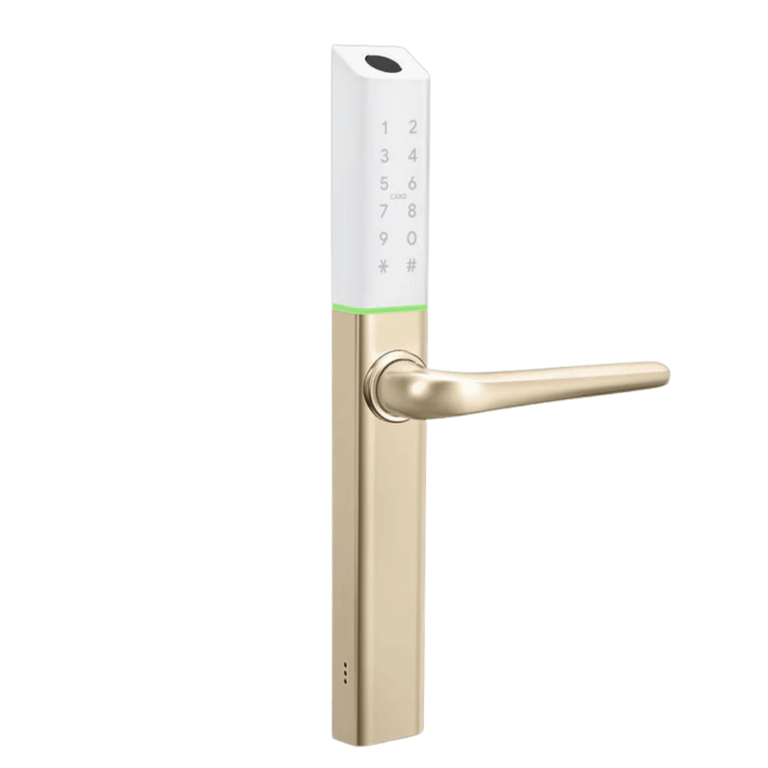 Digital door handle with keypad on a green background. SlimSeriesS3BGold
