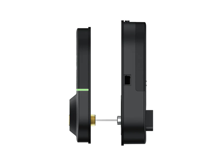 Black door handle with a green light on a white background. SmartDeadboltT13-inside