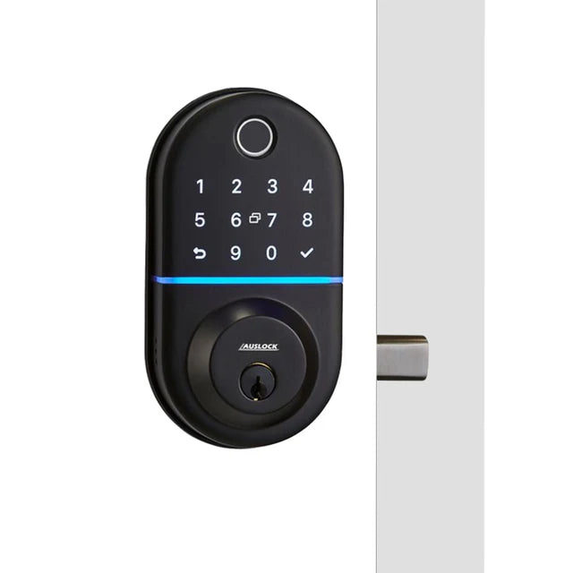 Smart door lock with digital keypad on a white background. SmartDeadboltT13