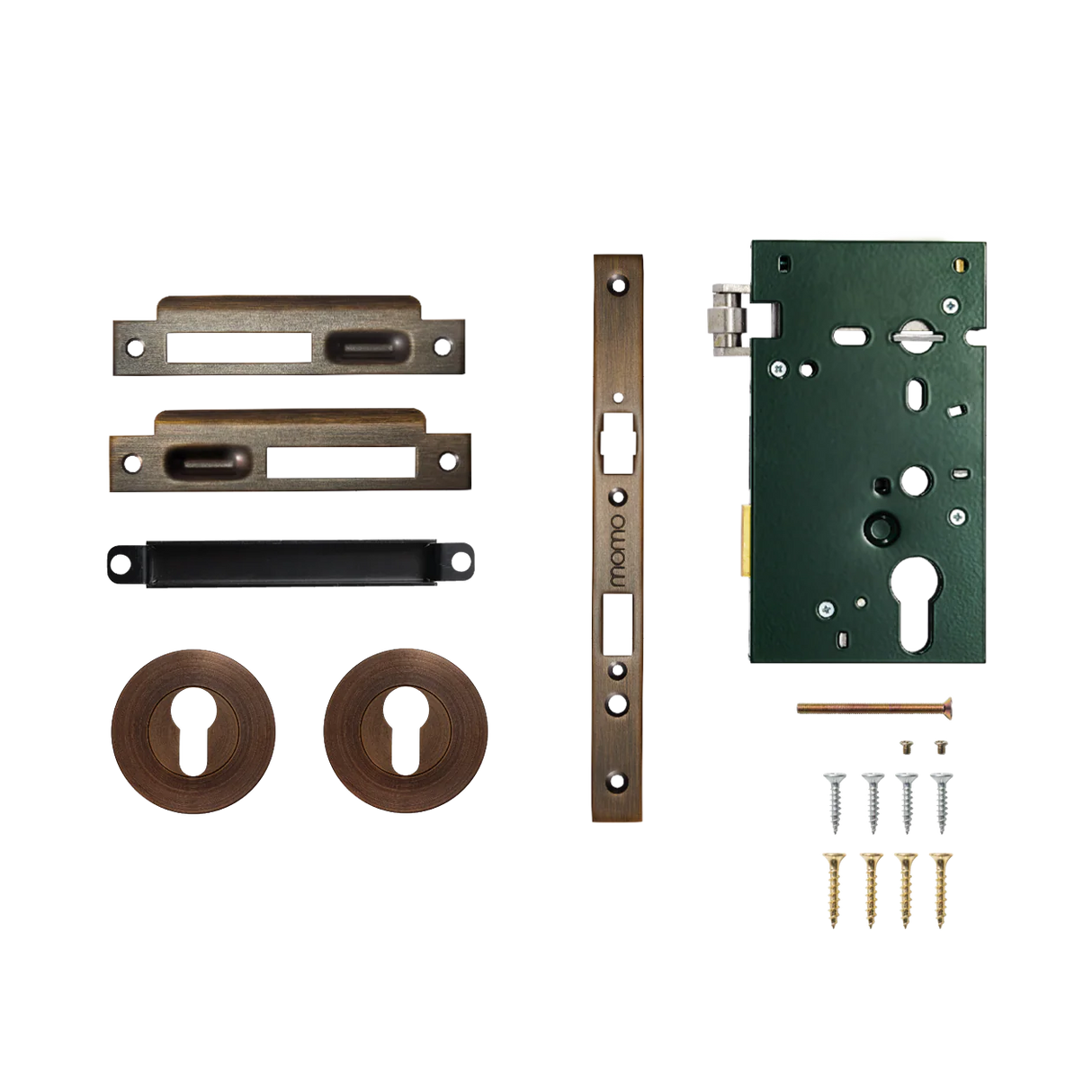 Lock mechanism components including a deadbolt, escutcheons, and screws on a white background. SolidBrassRollerMorticeEntranceSetInBronze