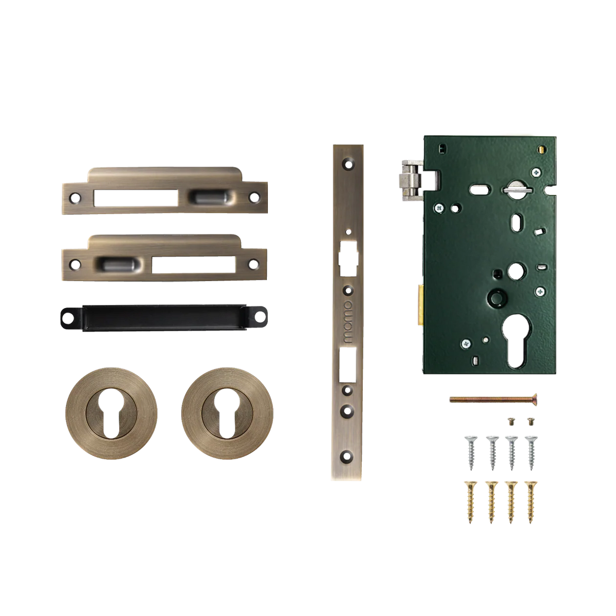Door hardware kit with locks, handles, and screws on a white background. SolidBrassRollerMorticeEntranceSetInDarkBrushedBrass