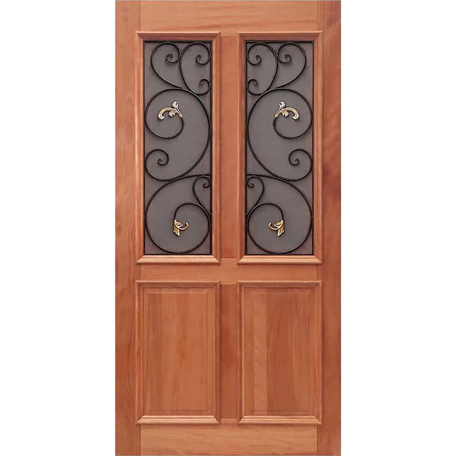 A two-panel entrance door with a timber frame and wrought iron accents, including a geometric pattern on the panels and a round window in the center. St. Tropez EN904AO