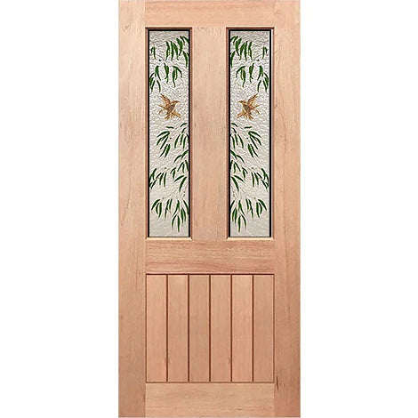 Traditional V-Groove entrance door featuring Kookaburra Green Leaf Frost glass in solid maple timber