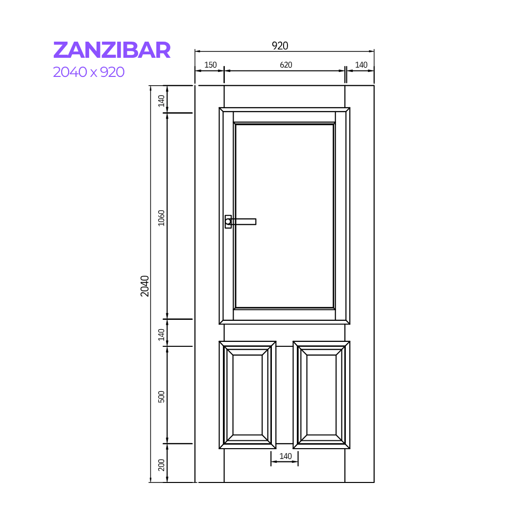 Technical drawing of a door labeled 'Zanzibar' with dimensions.