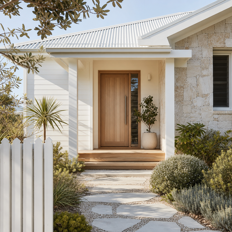 Front door and porch of an Australian home in bright sunlight