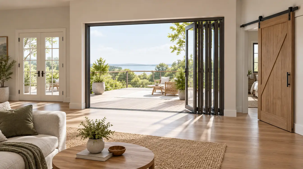 Partly folded bi-fold doors opening to a deck beside French and barn sliding doors