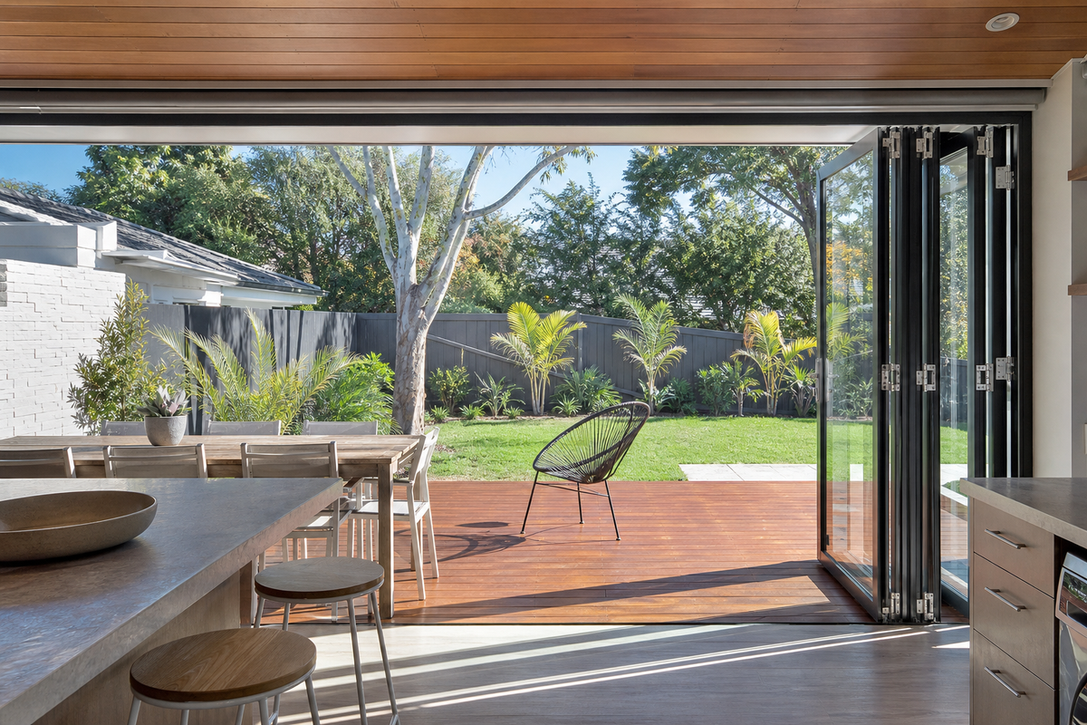 Aluminium bi-fold doors folded open from a kitchen onto a timber deck