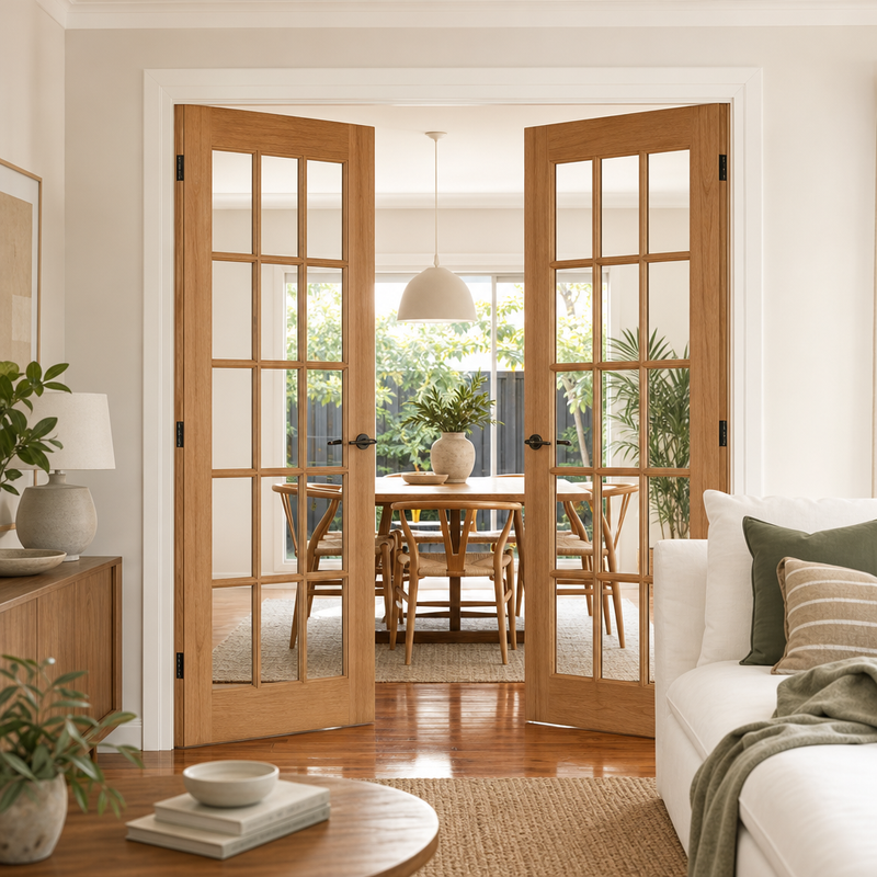 Pair of timber internal French doors opening between a living room and dining room