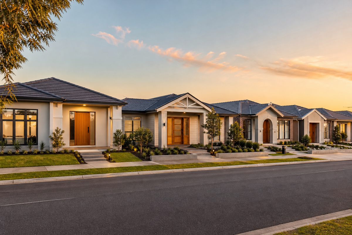 Row of new Australian suburban homes with solid timber entrance doors at golden hour