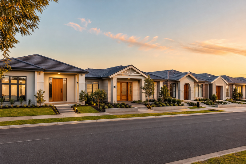 Row of new Australian suburban homes with solid timber entrance doors at golden hour