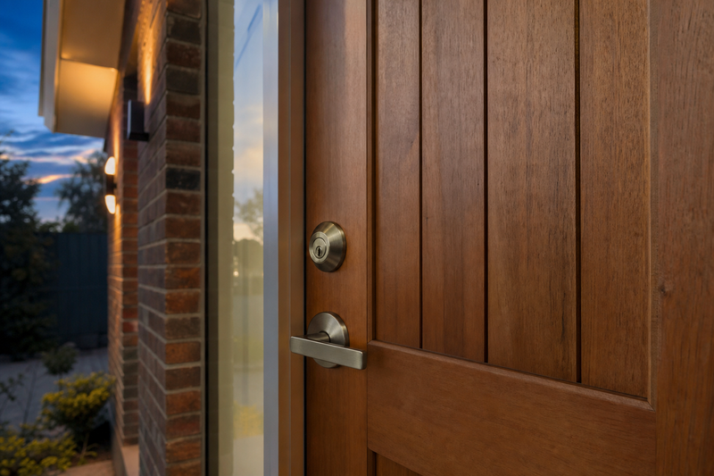 Solid timber front door with brushed nickel deadbolt and lever handle at dusk