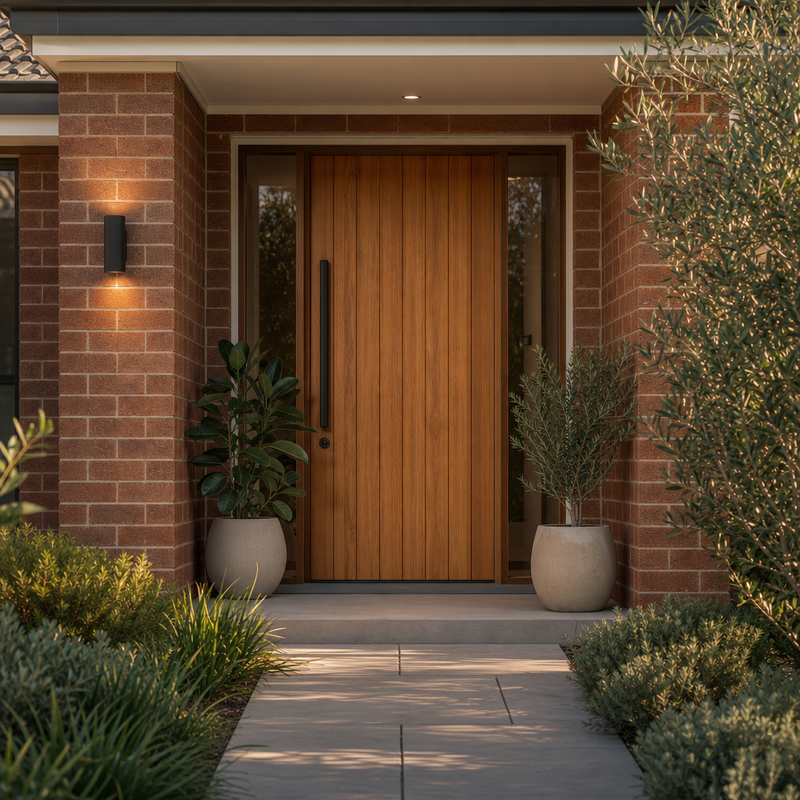 Timber front door under a covered porch on an Australian brick home