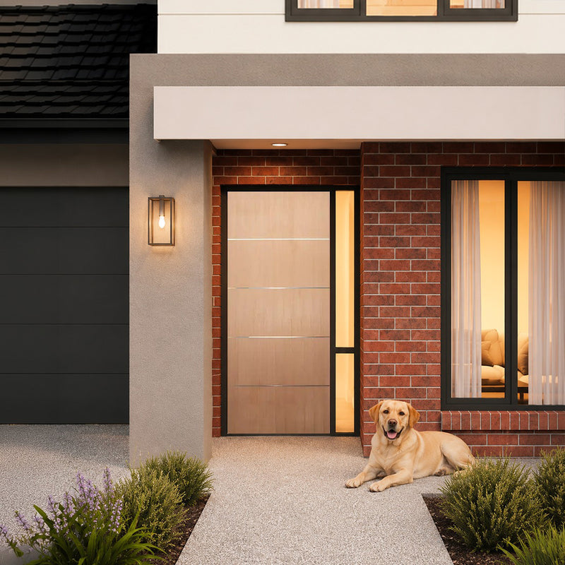 Four Seas OWT-AH Meranti timber entrance door shown in an external scene