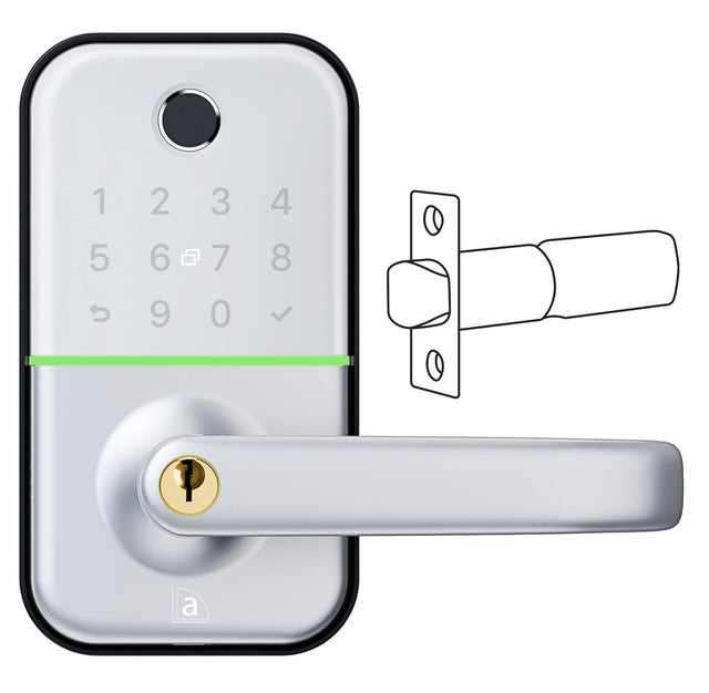 Digital door lock with keypad and lever handle on a white background. Austyle89413C4KeyInLeverSet