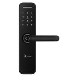 Black digital door handle with keypad on a white background. AustyleDigitalDoorLeverHandleLatchSetMattBlack
