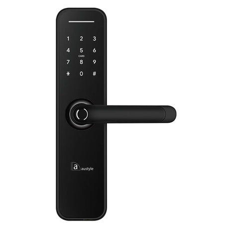 Black digital door handle with keypad on a white background. AustyleDigitalDoorLeverHandleLatchSetMattBlack
