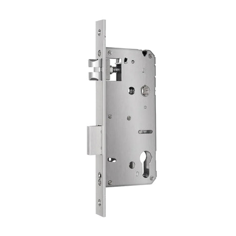 Metal door lock mechanism on a white background. AustyleEntranceMorticeLock60mmBackset85mmCTCStainlessSteel