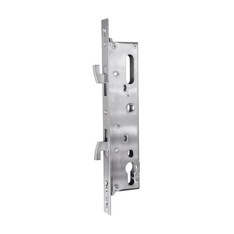 Metal door lock mechanism on a white background. AustyleSlidingDoorEntranceLock30mmSatinStainlessSteel