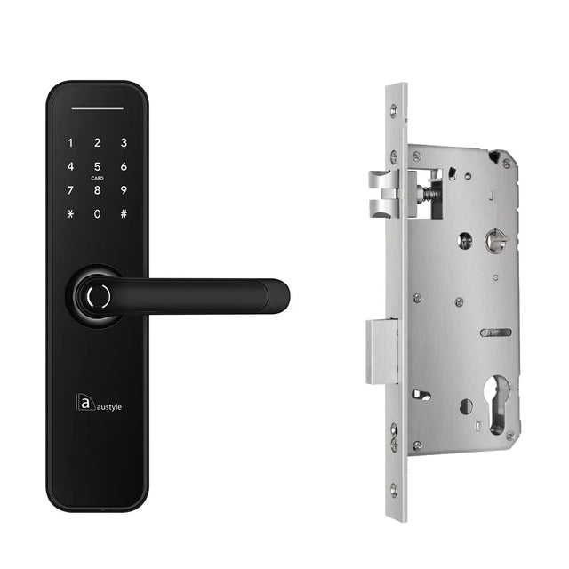 Digital door handle with electronic keypad on a white background. AustyleSmartDigitalDoorLeverEntranceSetMattBlack_2665ffc8-b591-4b7c-bb37-10c37769e669