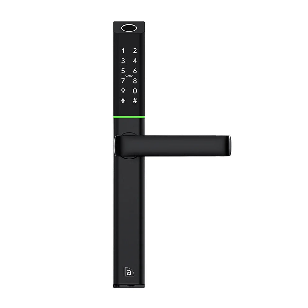Black digital door lock on a white background. AustyleSmartDigitalDoorLeverLockEntranceSetMattBlack