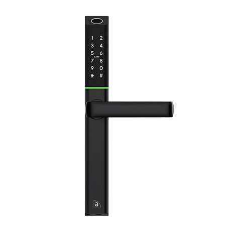 Black digital door lock on a white background. AustyleSmartDigitalDoorLeverLockEntranceSetMattBlack