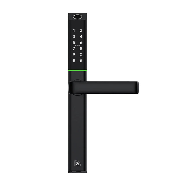 Black digital door lock on a white background. AustyleSmartDigitalDoorLeverLockEntranceSetMattBlack