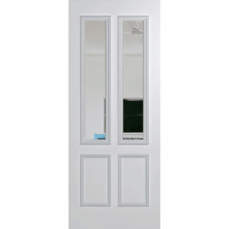 White door with glass panels on a green background. BFR12DuraXPClear.