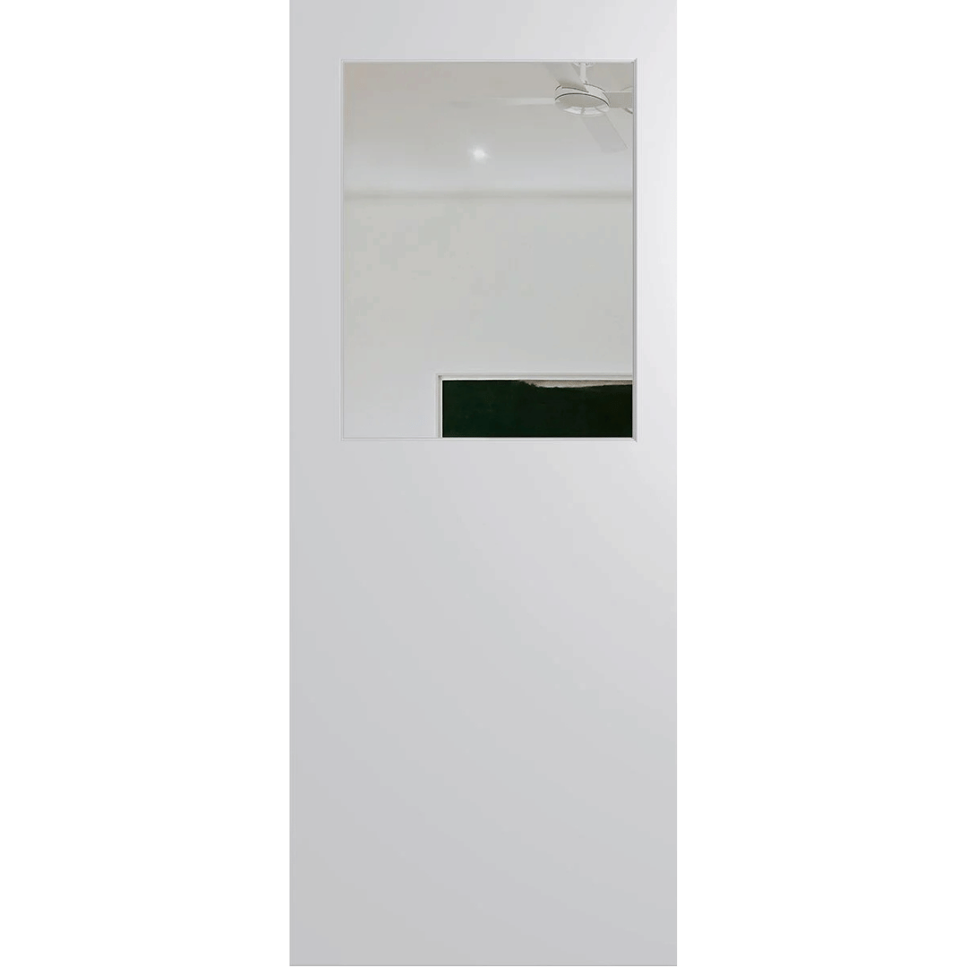 White door with a rectangular window on a green background. BFR14DuraXPClear. 