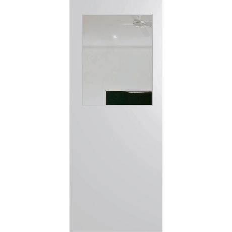 White door with a rectangular window on a green background. BFR14DuraXPClear. 