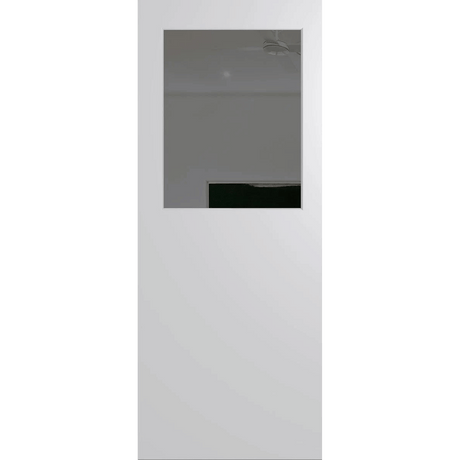 White door with a rectangular glass panel on a green background. BFR14DuraXPGrey.