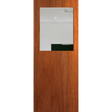 Wooden door with a glass panel on a green background. BFR14_Merbau_Clear.