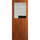 Wooden door with a glass panel on a green background. BFR14_Merbau_Clear.