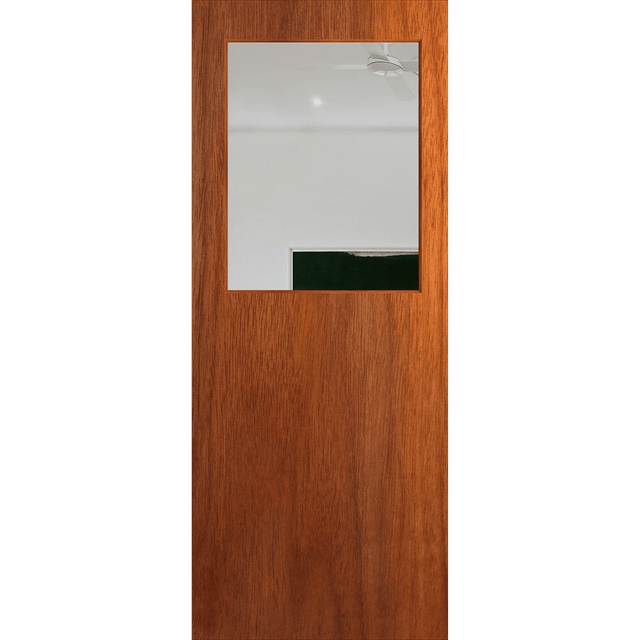 Wooden door with a glass panel on a green background. BFR14_Merbau_Clear.