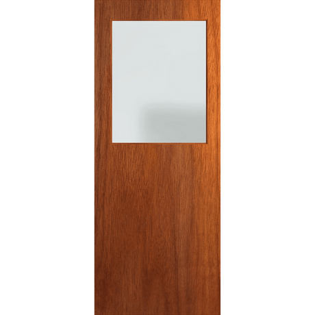 Wooden door with a glass panel on a green background. BFR14_Merbau_Frost.