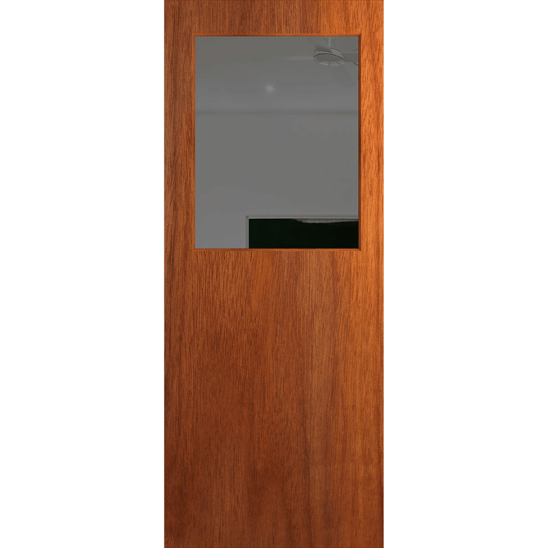 Wooden door with a glass panel on a transparent background. BFR14_Merbau_Grey.