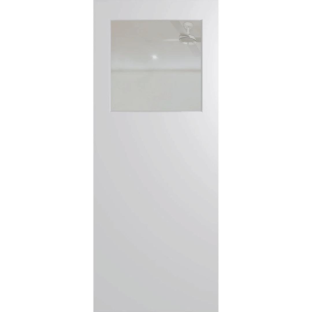 White door with a glass panel on a green background. BFR15DuraXPClear.