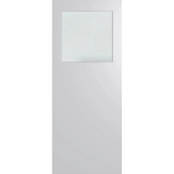 White door with a square glass panel on a green background. BFR15DuraXPFrost.