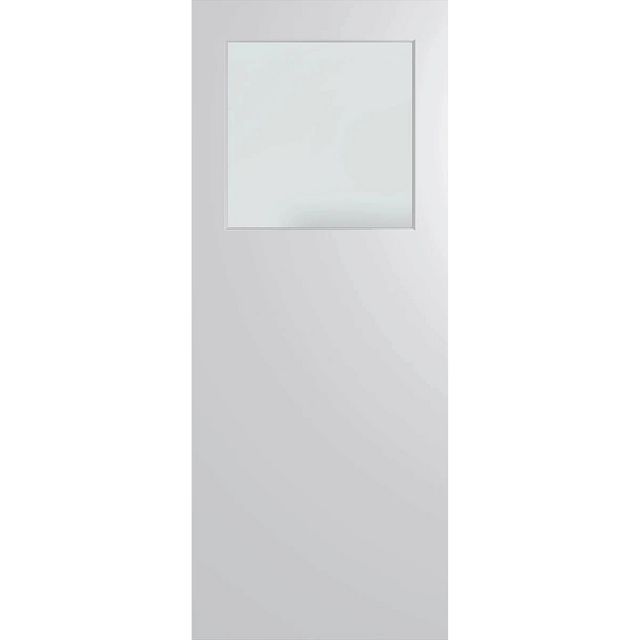 White door with a square glass panel on a green background. BFR15DuraXPFrost.