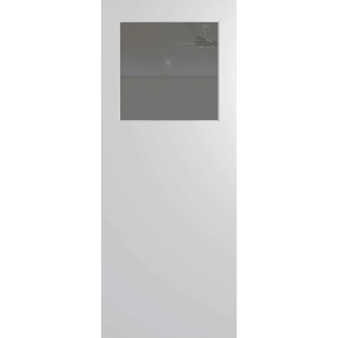 White door with a central rectangular window on a green background. BFR15DuraXPGrey. 