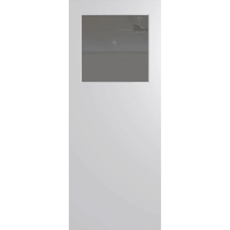 White door with a central rectangular window on a green background. BFR15DuraXPGrey. 