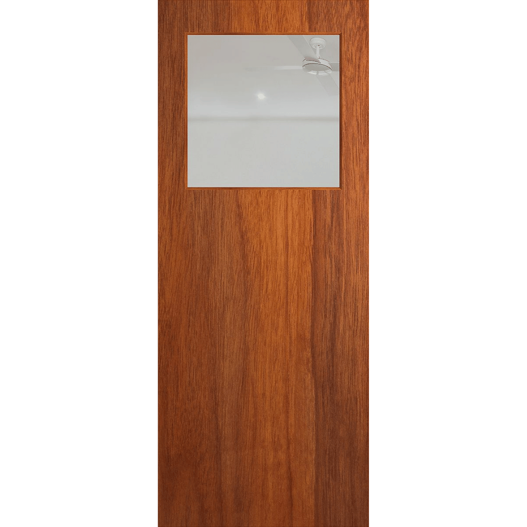 Wooden door with a glass panel on a green background. BFR15MerbauClear. 