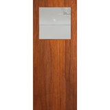 Wooden door with a glass panel on a green background. BFR15MerbauClear. 