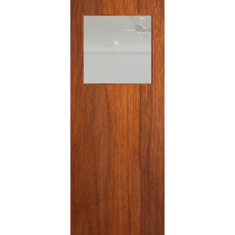 Wooden door with a glass panel on a green background. BFR15MerbauClear. 