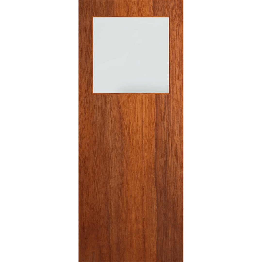 Wooden door with a square glass panel on a green background. BFR15MerbauFrost.