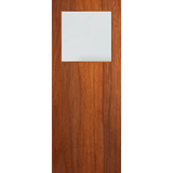 Wooden door with a square glass panel on a green background. BFR15MerbauFrost.
